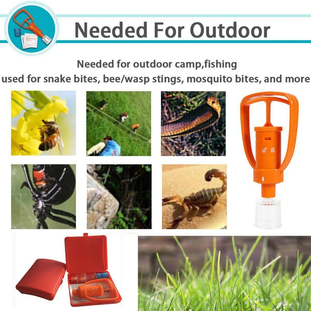Orange portable venom extractor suction device first aid kit open to show pump, two suction cups, and accessories.
