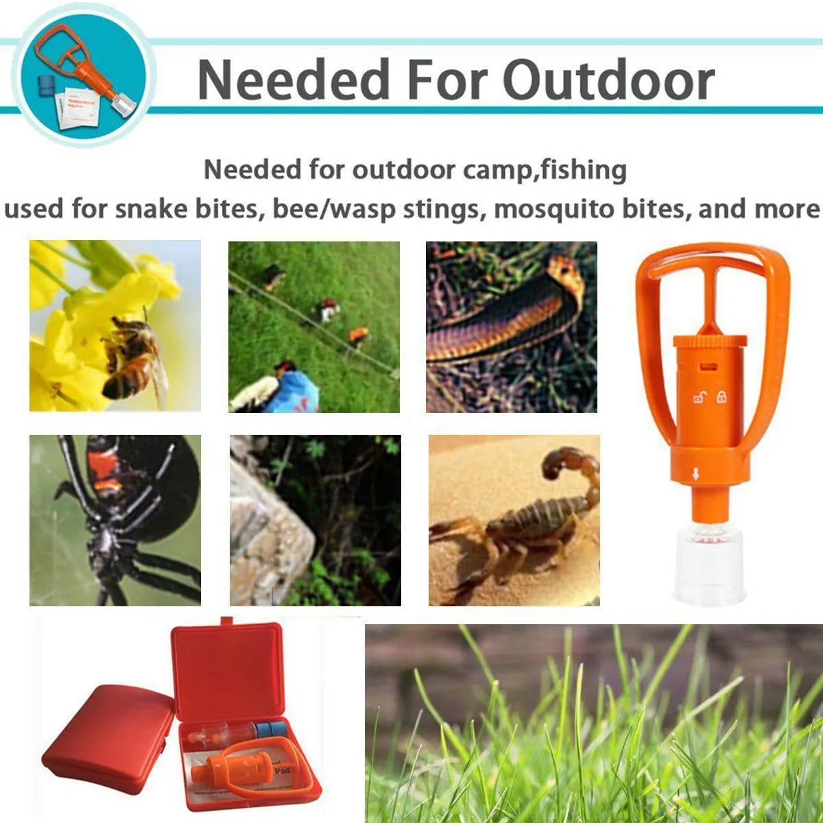 Orange portable venom extractor suction device first aid kit open to show pump, two suction cups, and accessories.