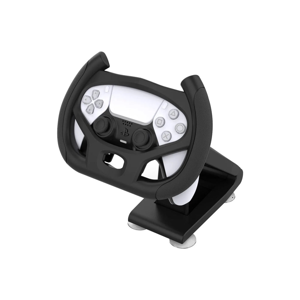 Black ABS plastic gamepad steering wheel bracket with a suction cup for mounting a mobile phone.