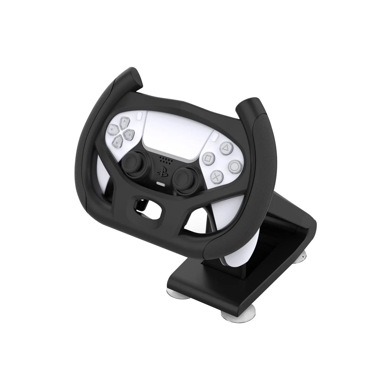 Black ABS plastic gamepad steering wheel bracket with a suction cup for mounting a mobile phone.