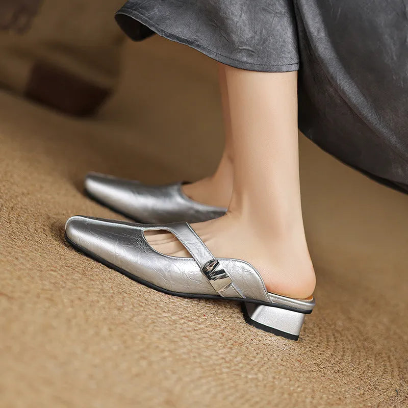 British-style square toe leisure slippers in artificial PU with rubber sole