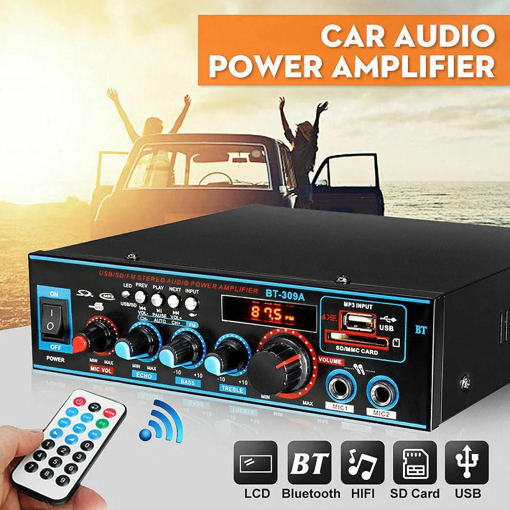 Black iron dual-purpose power amplifier body with Bluetooth and FM for home and car use, 20cm size with remote control