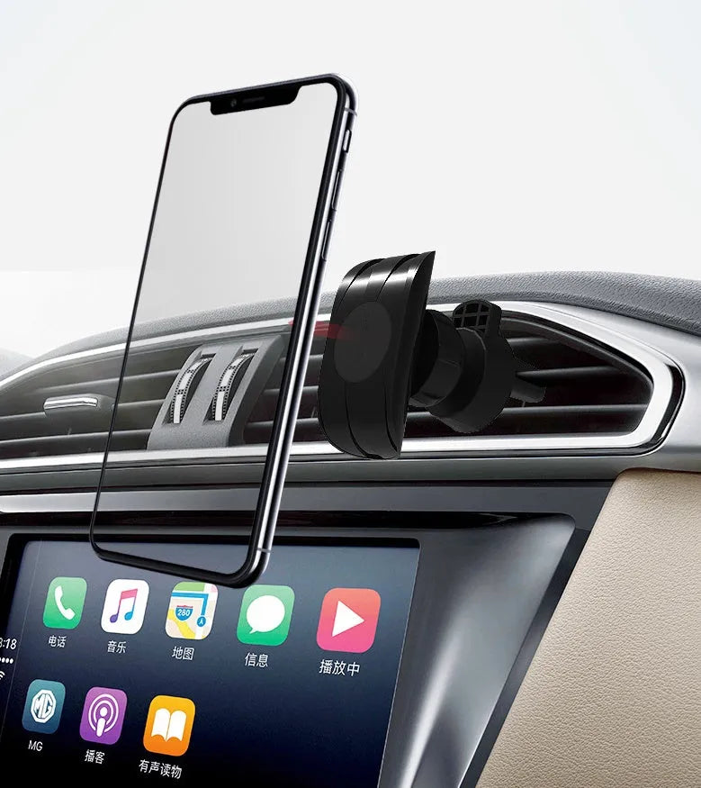 A matte black universal car phone holder mounted on a car air vent, showing the adjustable arm and phone grip.