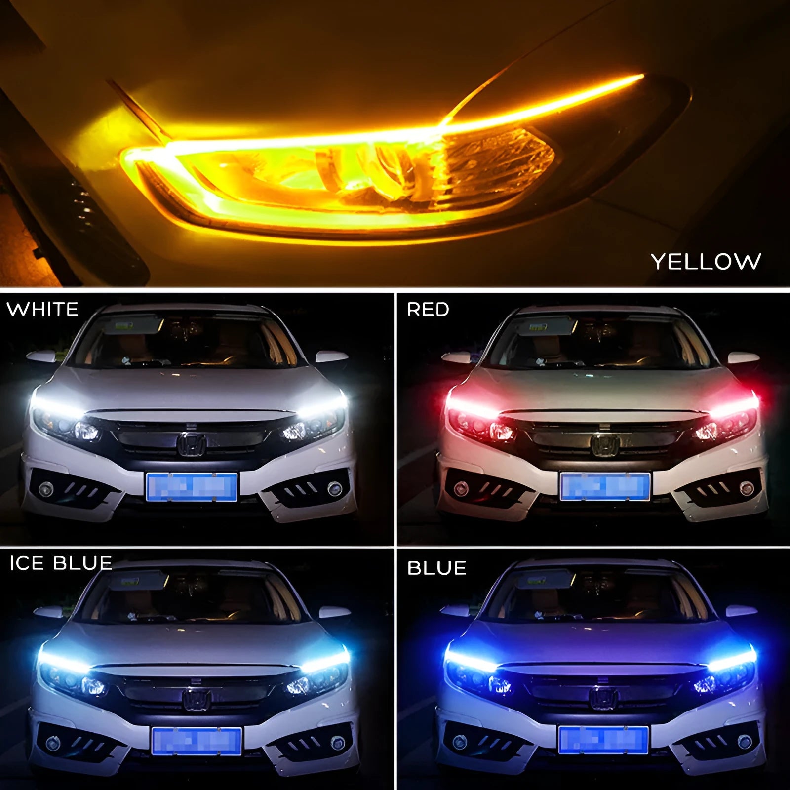 Flexible silicone car LED daytime running light strip with flowing turn signal animation, shown in multiple colours.