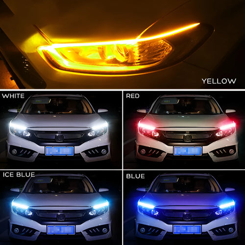 Flexible silicone car LED daytime running light strip with flowing turn signal animation, shown in multiple colours.