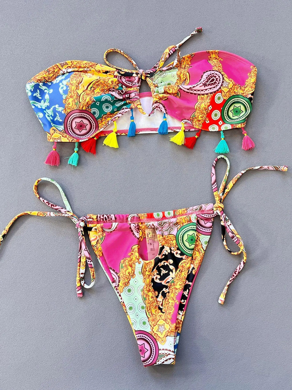 Women's separated swimwear printing bikini set with tube top and briefs
