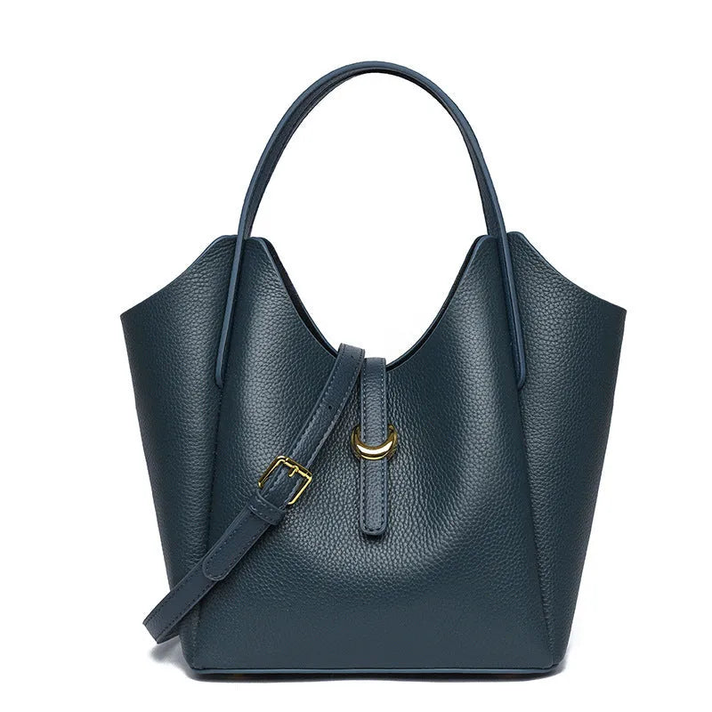 Women's genuine leather bucket handbag in four colours with file compartment and retro sewing details