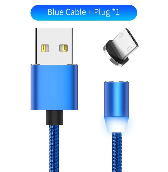 YBD black and red braided magnetic charging cable with Lightning, Micro USB, and Type-C connectors on a table.