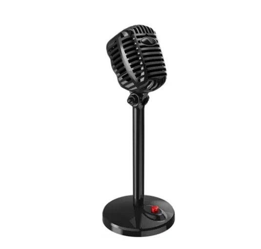 Black USB desktop computer microphone with adjustable stand on a desk.