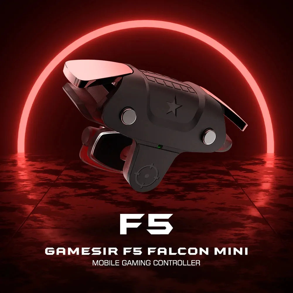 Black F5 mobile game controller showing compact dimensions and USB connection for phone gaming