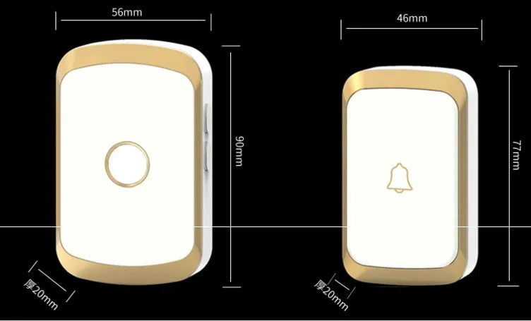 Wireless doorbell kit showing plug-in receiver and battery-powered push-button transmitter in black