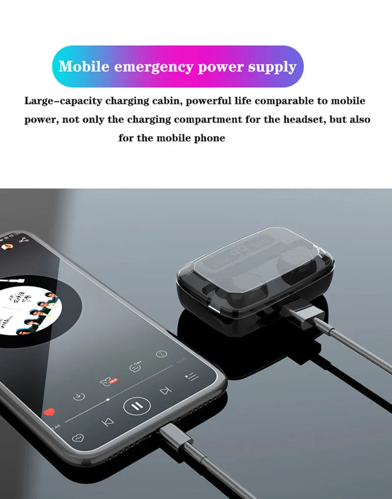 Black M11 style Bluetooth wireless headset with charging case featuring an integrated mobile phone holder.