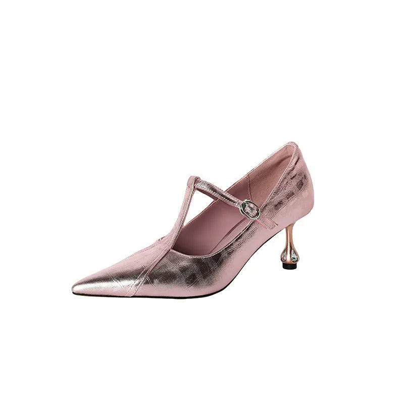 Women's gun colour chunky heel Mary Jane pumps with rounded toe made from sheepskin leather.