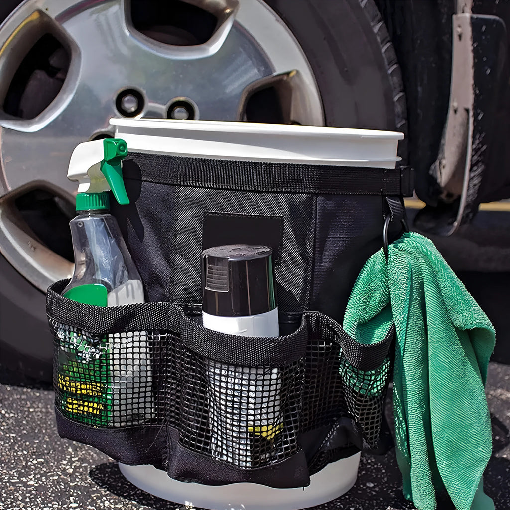Black cylindrical polyester hanging storage bag for 5 gallon barrels with car washing tools
