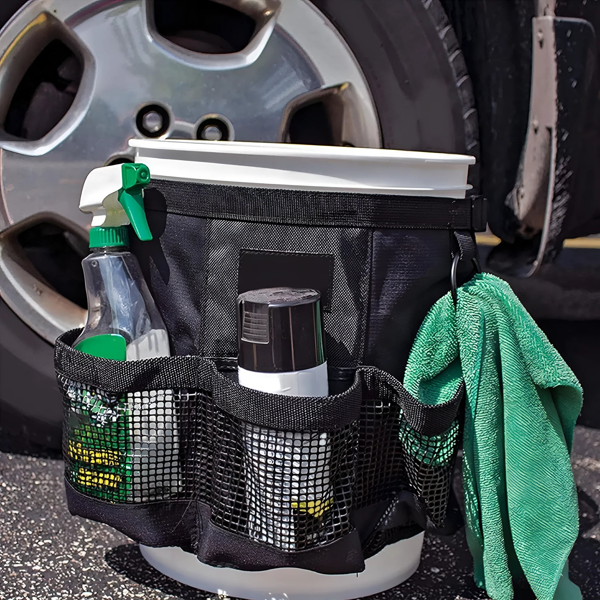 Black cylindrical polyester hanging storage bag for 5 gallon barrels with car washing tools