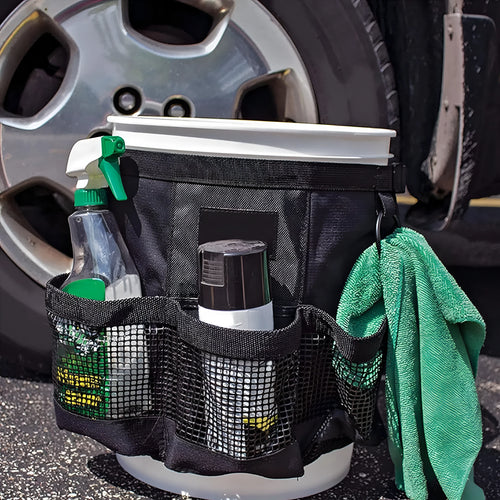 Black cylindrical polyester hanging storage bag for 5 gallon barrels with car washing tools