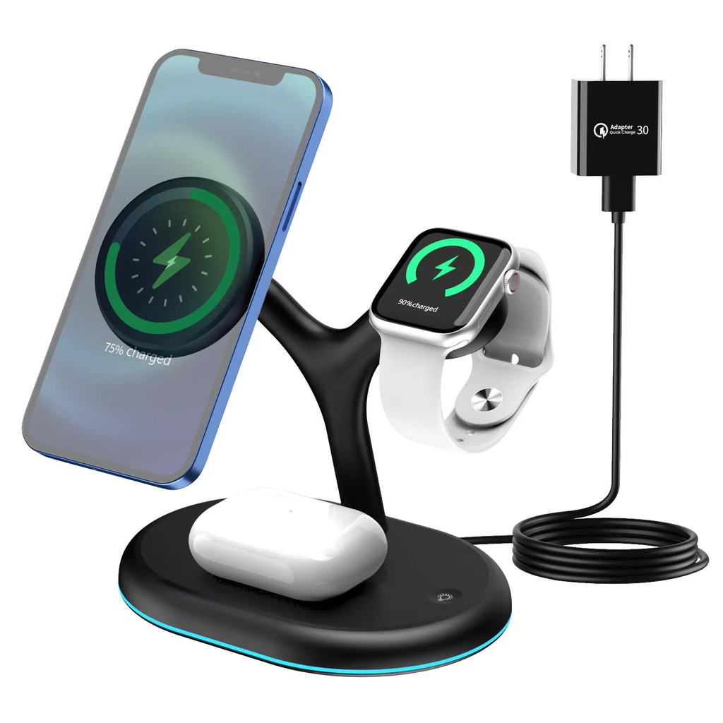 Black three-in-one magnetic wireless charger with ABS construction showing charging surface