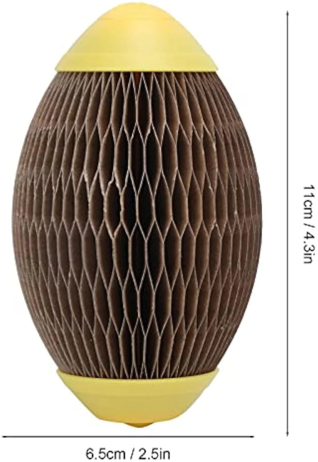 Ellipse-shaped catnip ball toy made of recycled corrugated paper, showing scratch surface and size.