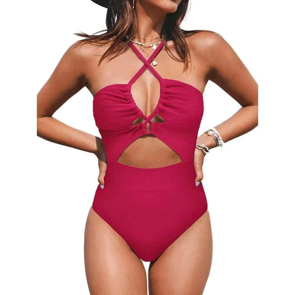 Women's solid colour one-piece swimsuit in black, wine red or peacock blue with backless design