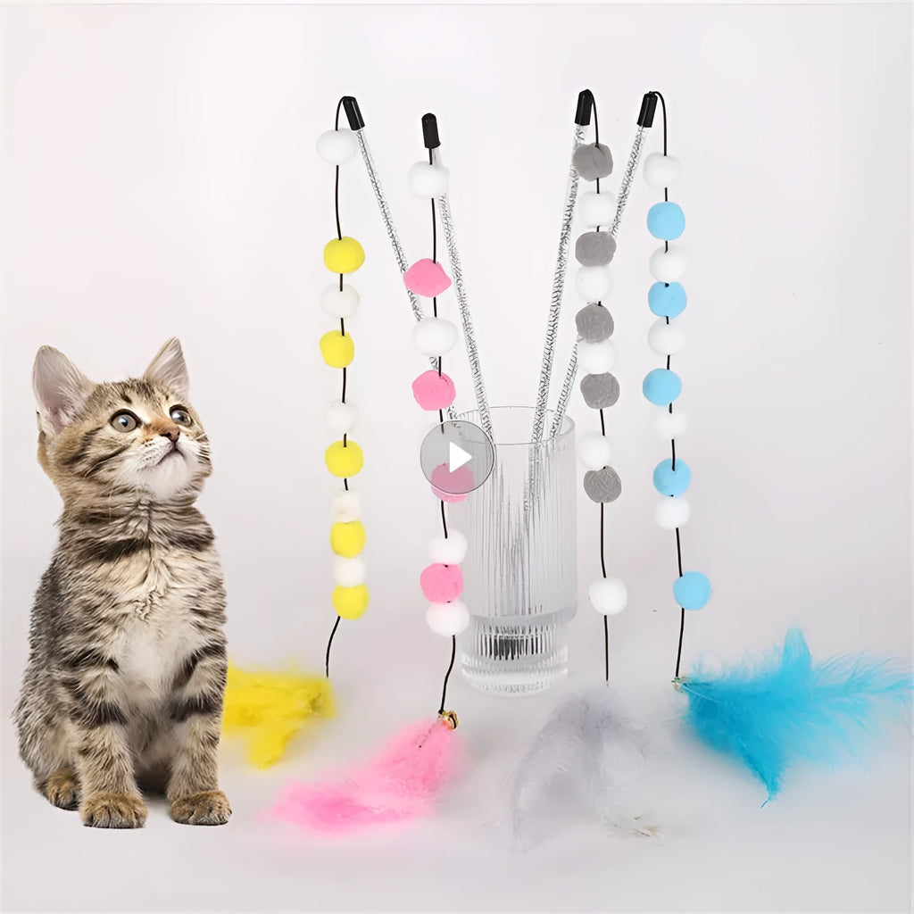 31cm acrylic cat teaser rod with bell and contrasting pompon feather in four colour options