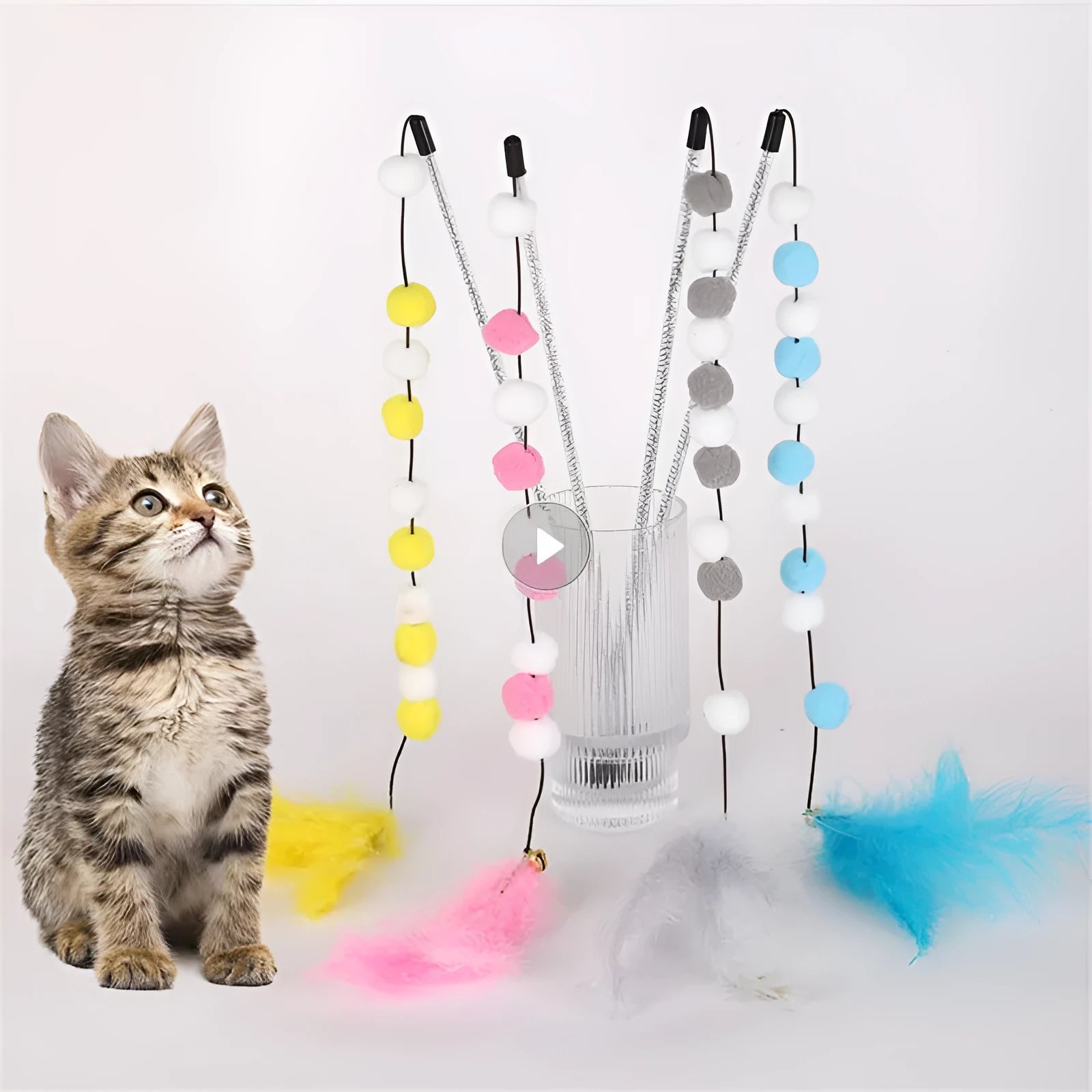 31cm acrylic cat teaser rod with bell and contrasting pompon feather in four colour options