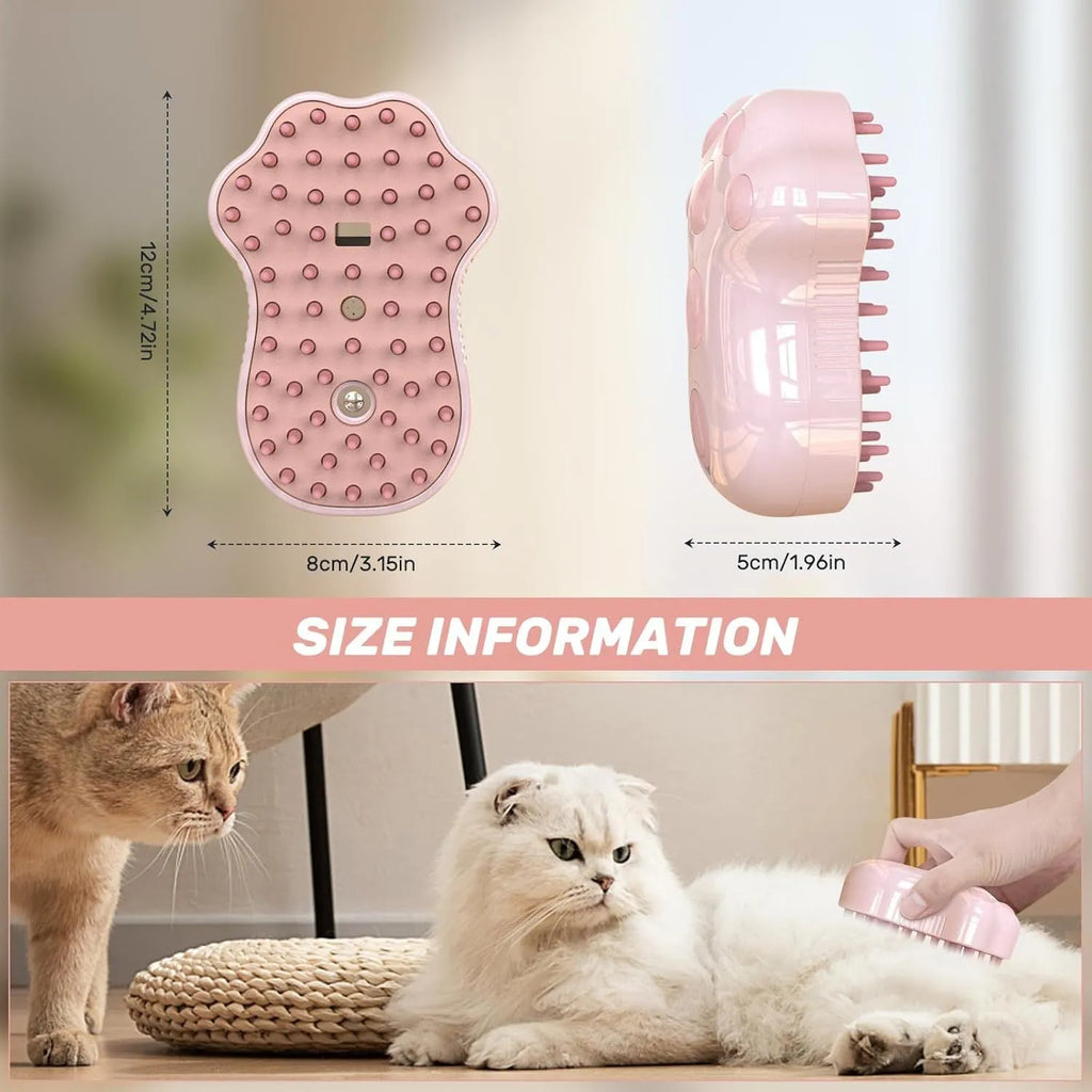 Blue self-cleaning cat steam brush with silicone massage bristles and a release button.