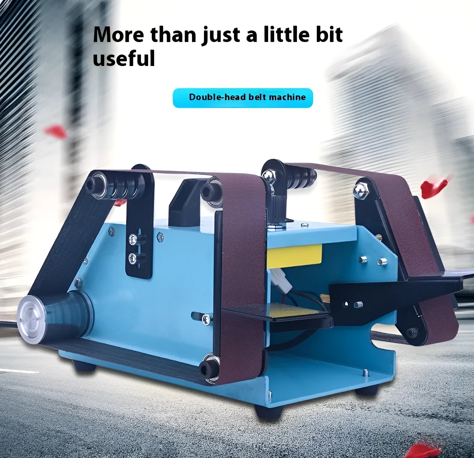Blue desktop dual-axis belt sander with motor and abrasive belt, for knife sharpening and workshop use