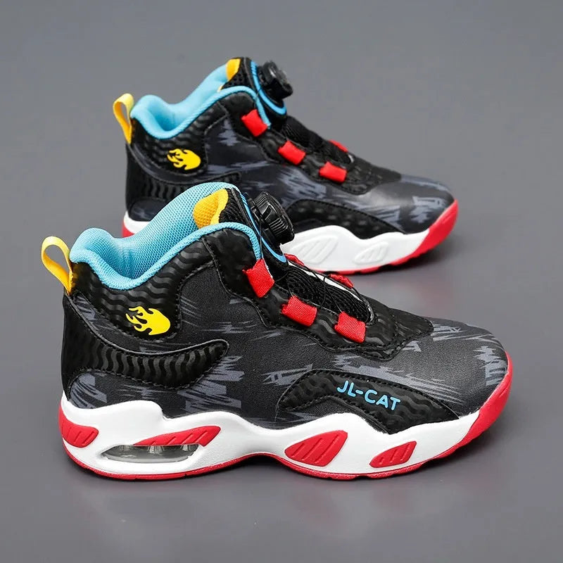 Kids rotating button basketball shoes in black, available in sizes 28 to 40.