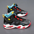 Kids rotating button basketball shoes in black, available in sizes 28 to 40.