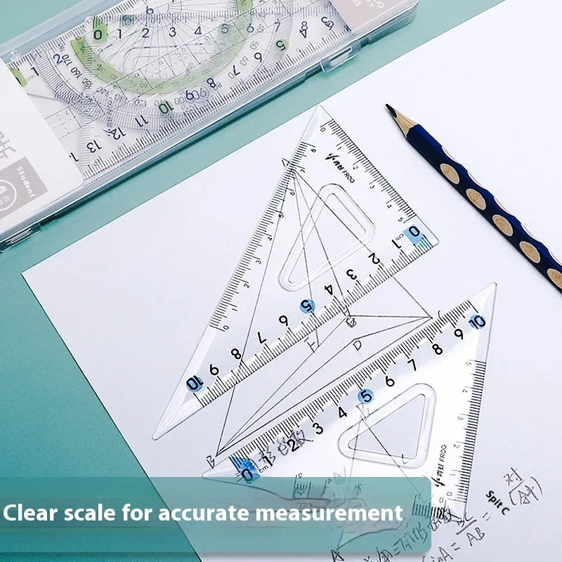 Transparent acrylic drawing ruler set with protractor for technical drafting and geometry