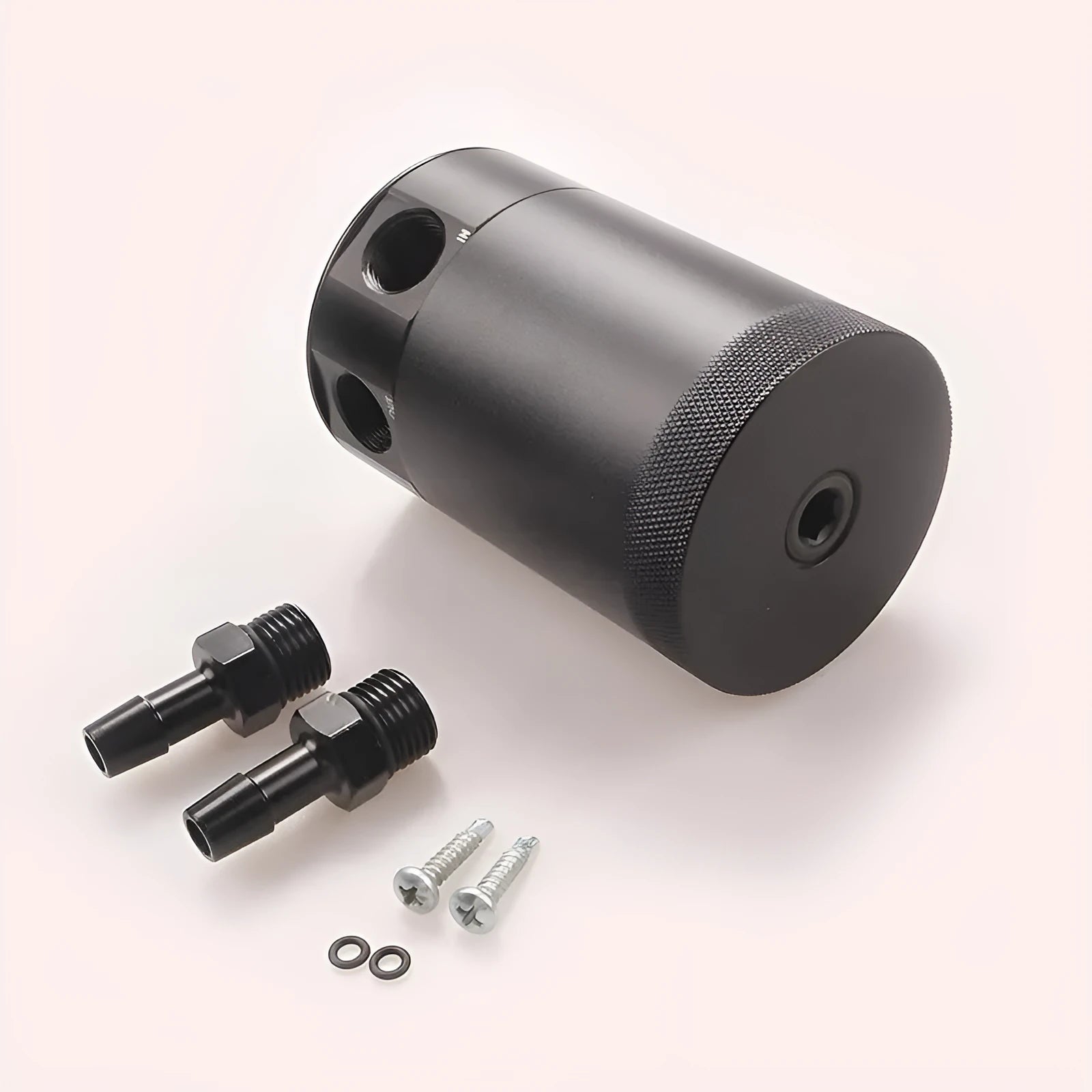 Black aluminium automotive oil pot with two-hole breathable design and connectors