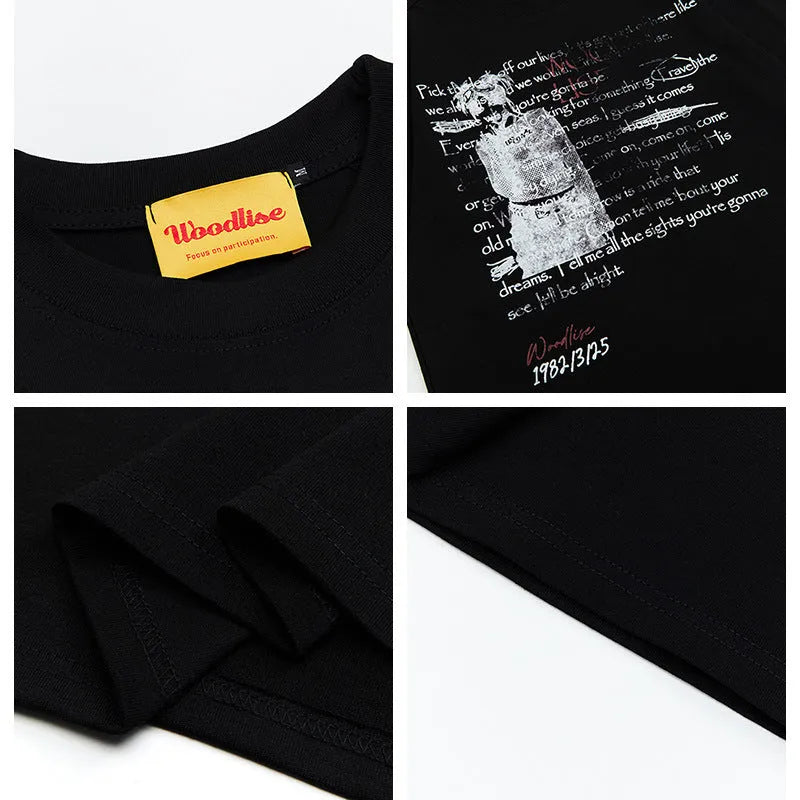 Men's black hip hop style loose fit cotton T-shirt with white printed letter design and raglan sleeves