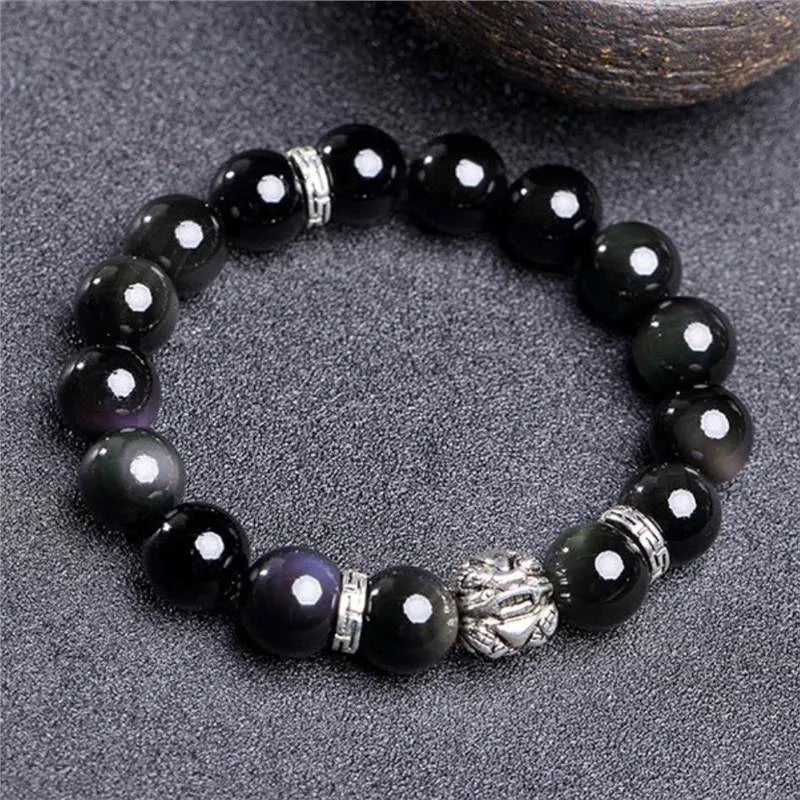 Silver 999 natural obsidian bracelet with Jucai NAFU lucky colour eye design in simple unisex style