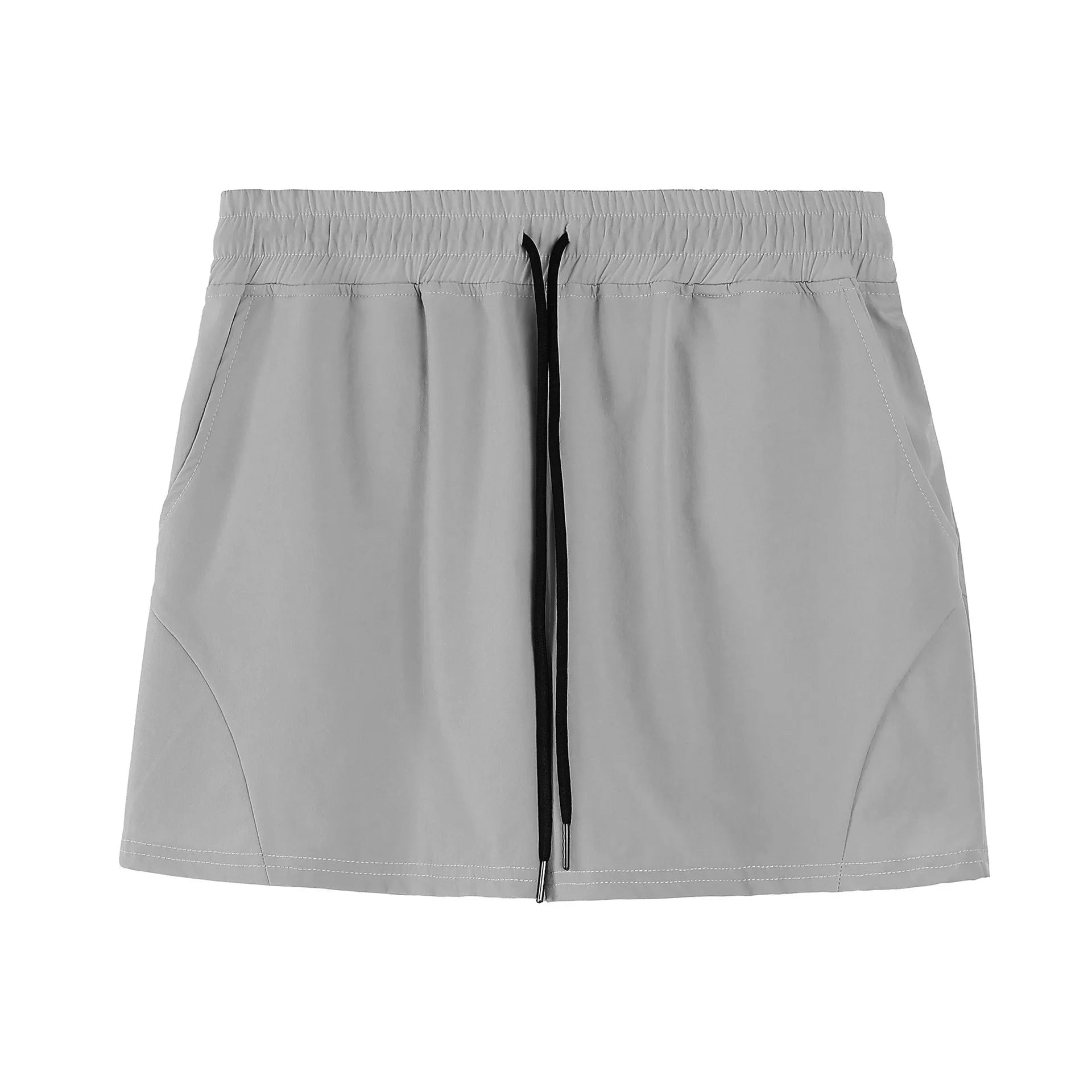 Men's thin grey polyester basketball shorts with elastic waistband on a plain background.