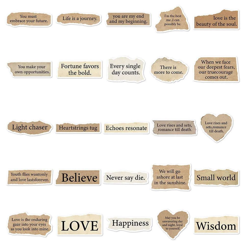 25 Torn English decorative laptop stickers in 4-7cm sizes with waterproof PVC construction
