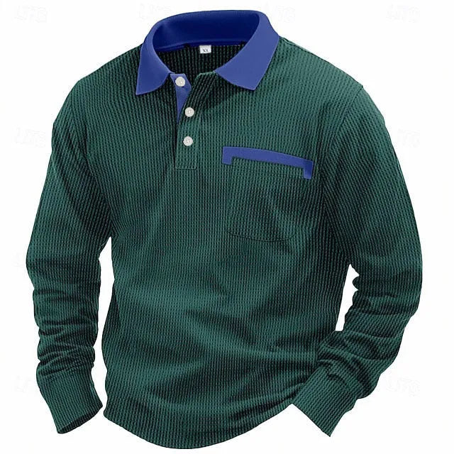 Man modelling a loose-fit long sleeve polo shirt with a waffle-texture fabric in a solid colour.