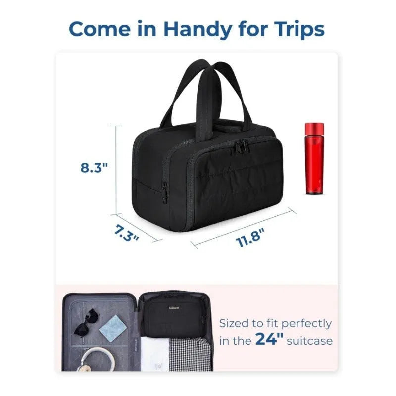 Large fluffy travel toiletry bag with wide open top, shown in a choice of colours.