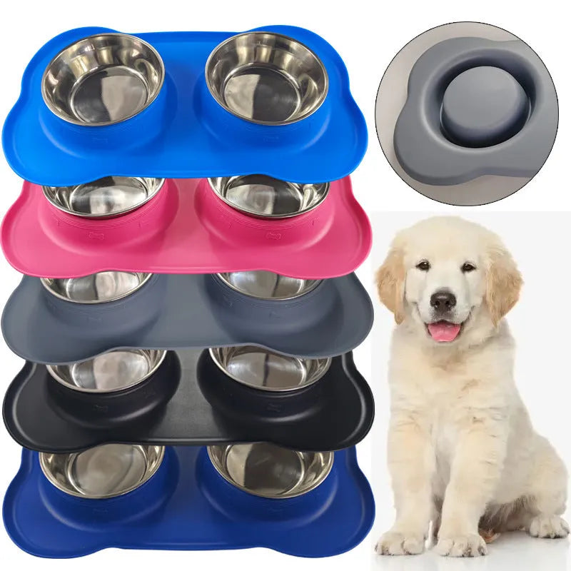 Large black silicone dog bowl seated inside a weighted stainless steel base