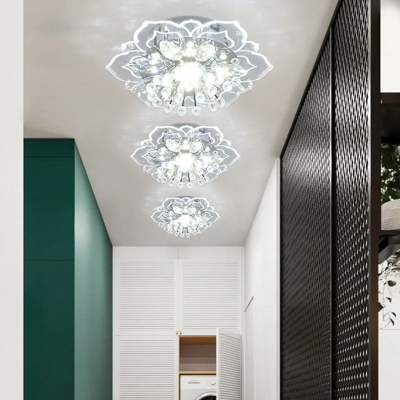 Small crystal ceiling lamp with flower-shaped shade showing concealed and exposed fitting options