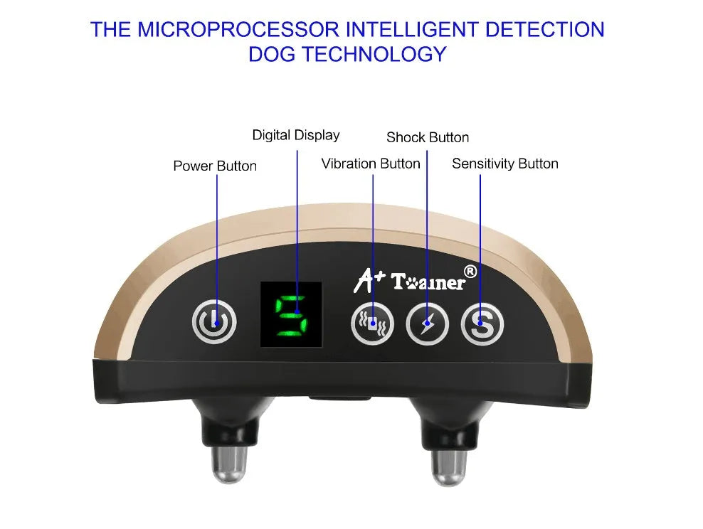 Electronic dog bark collar with digital display and adjustable black nylon strap.