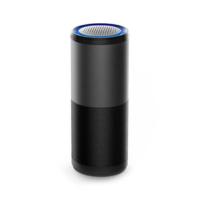 Portable mini car air purifier in black or rosebox colour with USB charging cable