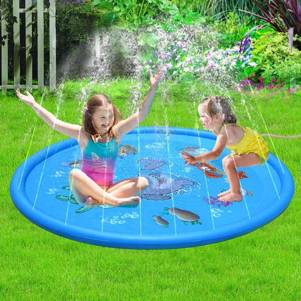 Blue PVC children's water spray mat with marine animal designs measuring 100cm by 170cm