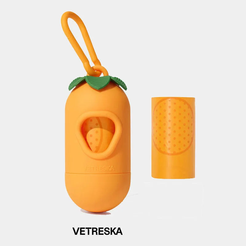 Portable dog poop bag dispenser capsule in strawberry, orange, and cherry blossom patterns with a roll of scented bags.