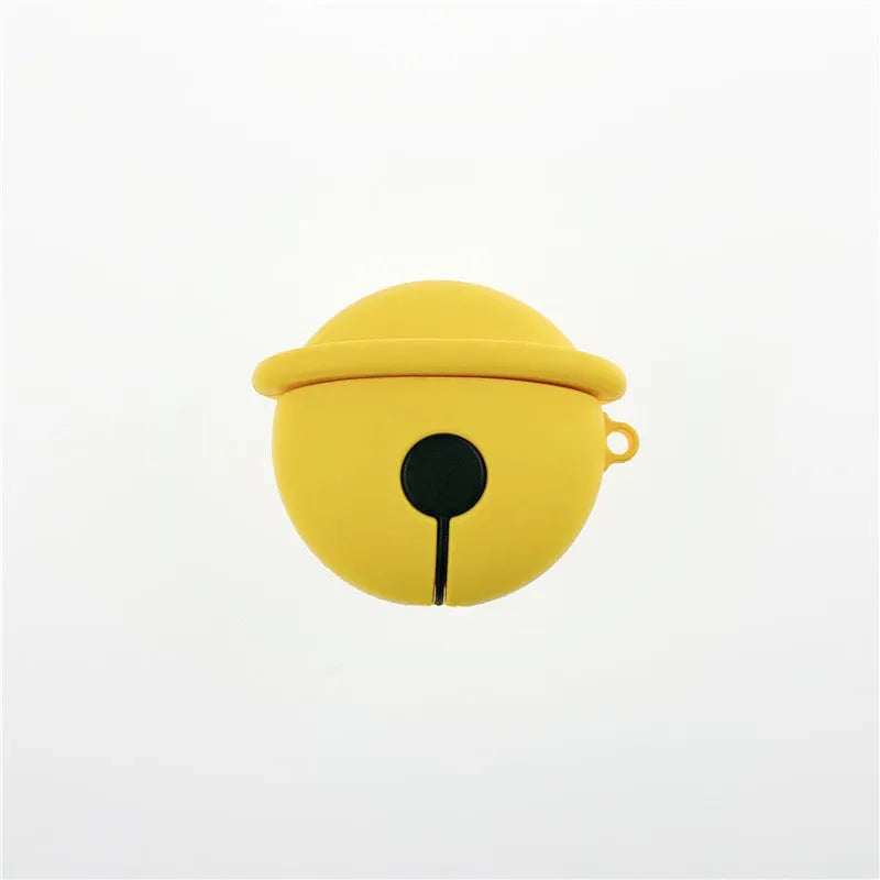 Bright yellow bell-shaped silicone protective case for Apple AirPods 1 and 2 with a carrying hook.