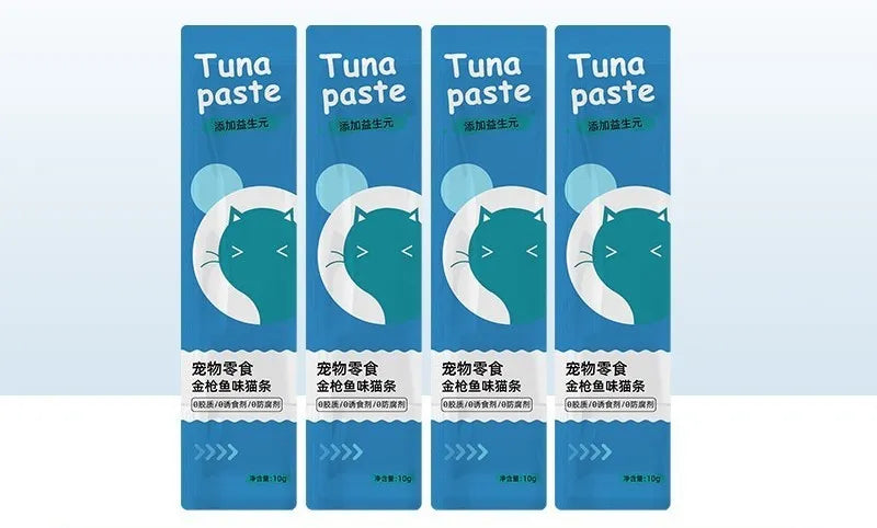 Cat strip snack pack for kittens with four flavour varieties in 10-strip packaging