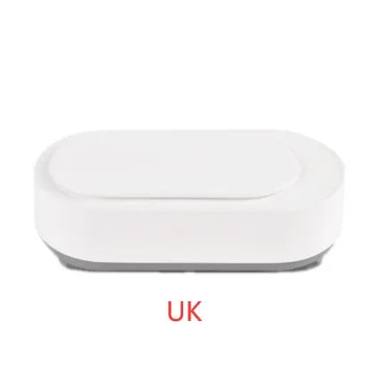 White portable ultrasonic cleaning machine with stainless steel tank and touch button.