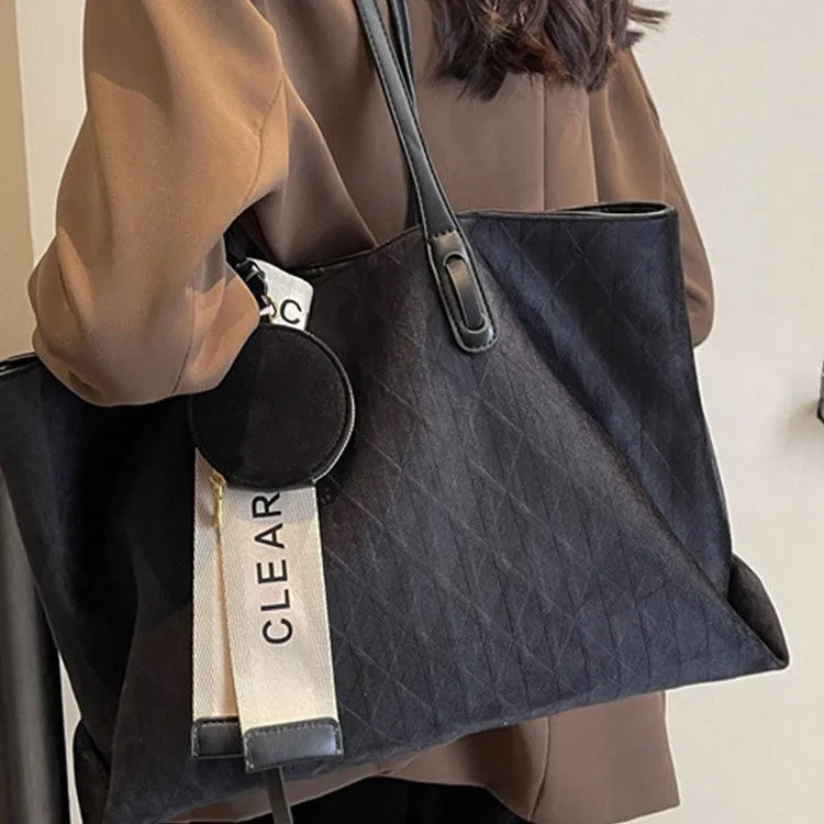 Women's large polyester shoulder tote bag with sandwich pocket in horizontal square shape