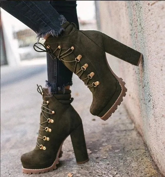 Women's suede high heel boots in army green with 8cm thick heels and round toe
