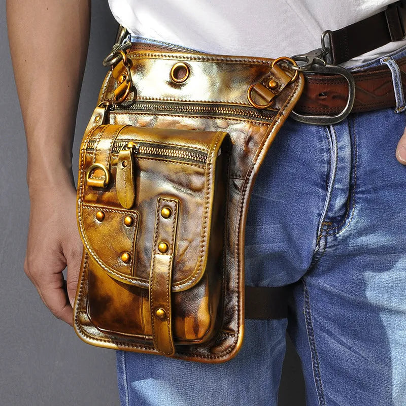 Men's black genuine cowhide leather punk-style fanny pack worn on the waist.
