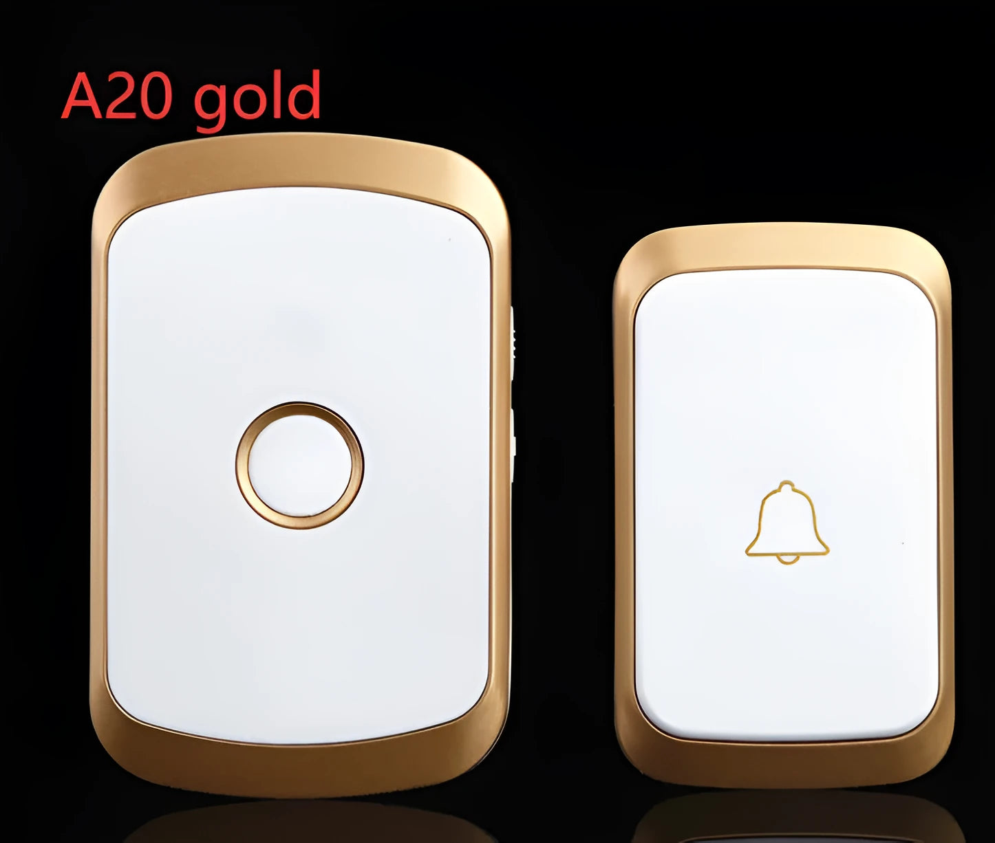 Wireless doorbell kit showing plug-in receiver and battery-powered push-button transmitter in black